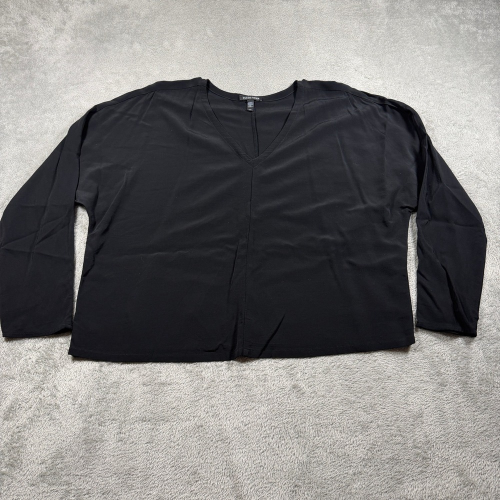 Eileen Fisher V-Neck Top Women Medium Black Tencel Lyocell Viscose Long Sleeve